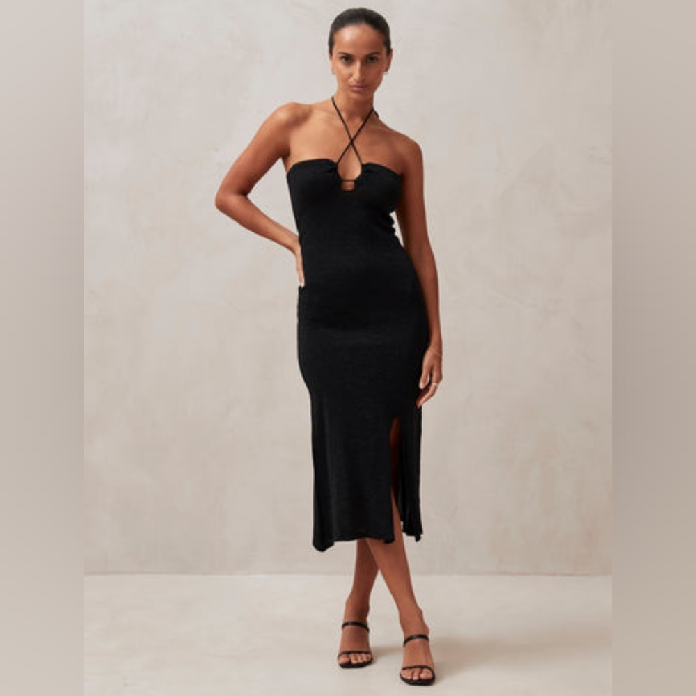 Alohas Dancefloor Glim Midi Dress L Black Stretchy Knit Holiday Party